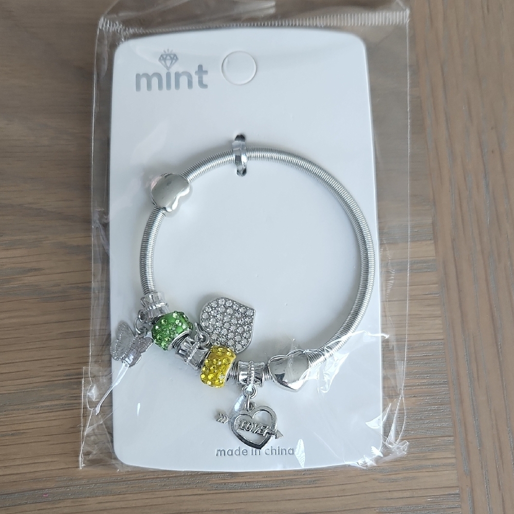 Mint Silver Charm Bracelet with Green and Yellow Accents
